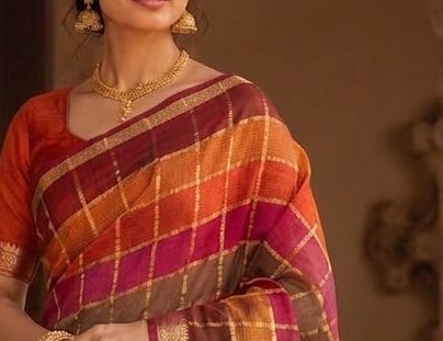 Maroon Orange Jari Checks Saree detail 4