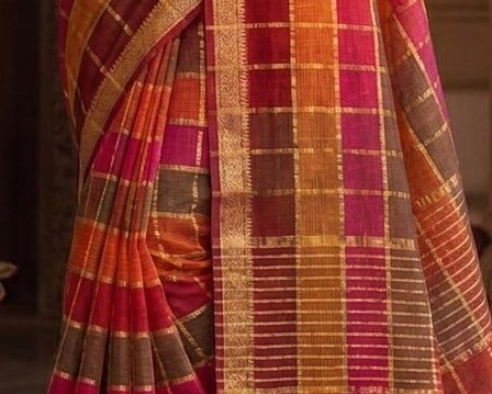 Maroon Orange Jari Checks Saree detail 6