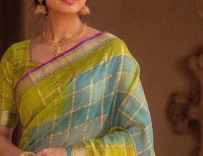 Parrot Green Blue Jari Checks Saree detail 4