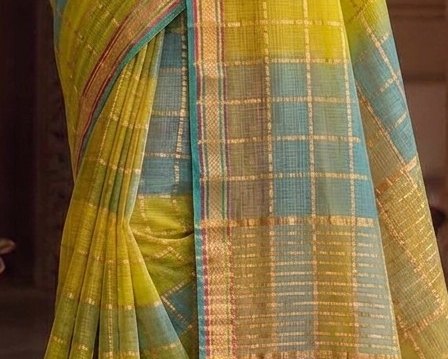 Parrot Green Blue Jari Checks Saree detail 6