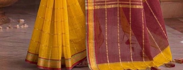 Bright Yellow Jari Checks Saree detail 3