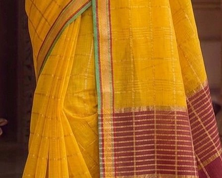 Bright Yellow Jari Checks Saree detail 6