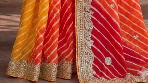 Haldi Red Lehariya Saree detail 3