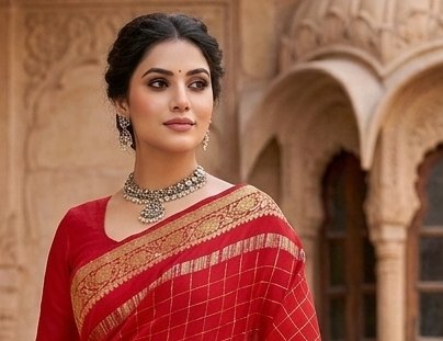 Red Checks Binni Saree detail 4