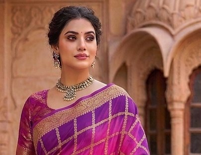 Rani Purple Checks Binni Saree detail 4