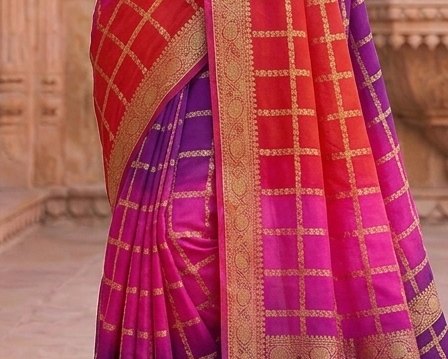 Rani Purple Checks Binni Saree detail 6