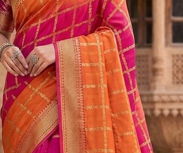 Orange Rani Checks Binni Saree detail 2