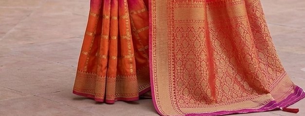 Orange Rani Checks Binni Saree detail 3