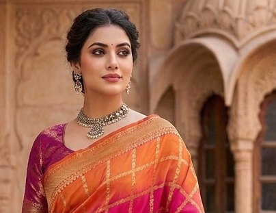 Orange Rani Checks Binni Saree detail 4