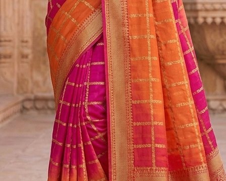 Orange Rani Checks Binni Saree detail 6