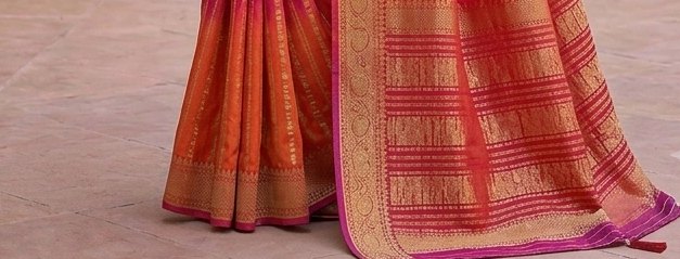 Pink Orange Stripe Binni Saree detail 3