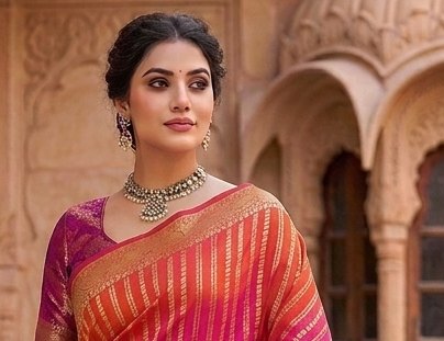 Pink Orange Stripe Binni Saree detail 4