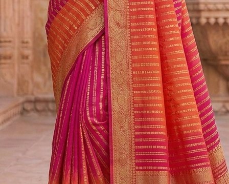Pink Orange Stripe Binni Saree detail 6