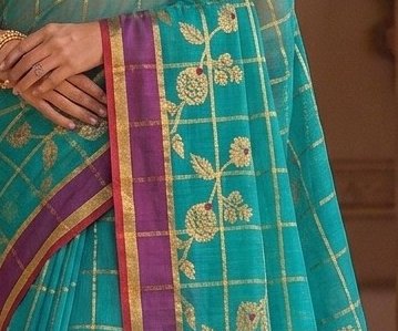 Teal Jari Checks Saree detail 2
