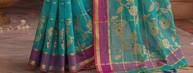 Teal Jari Checks Saree detail 3
