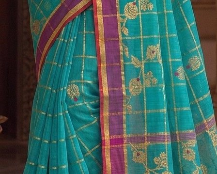 Teal Jari Checks Saree detail 6