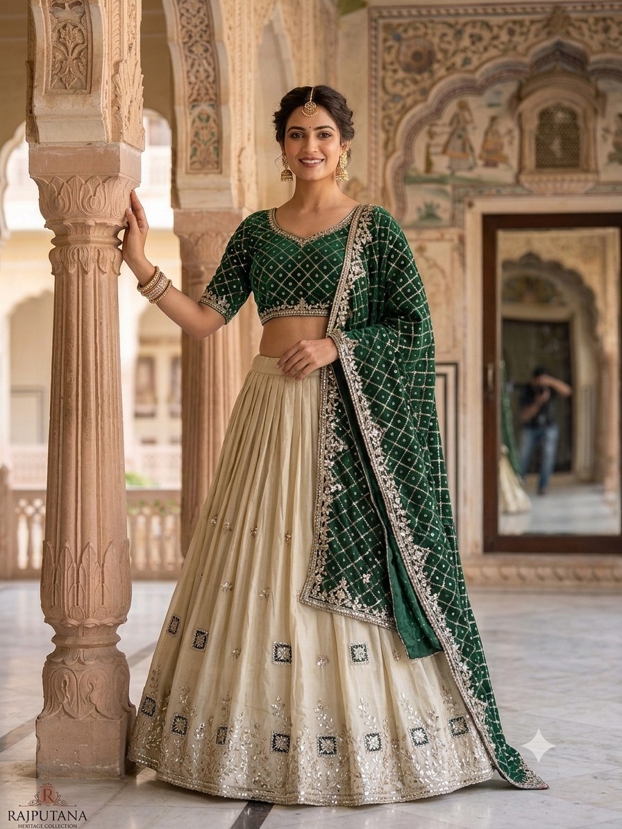 Emerald Choli Cream Lehenga