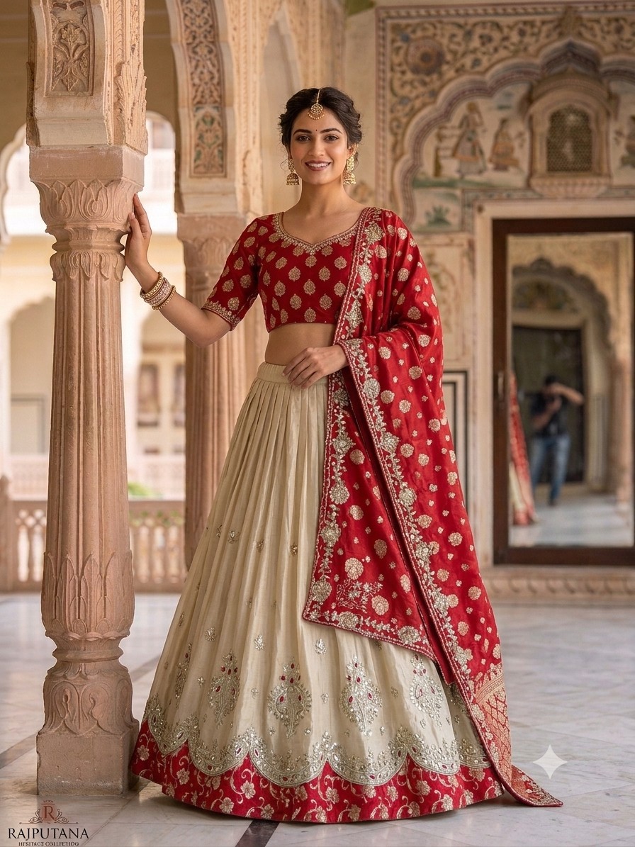 Crimson Choli Cream Lehenga