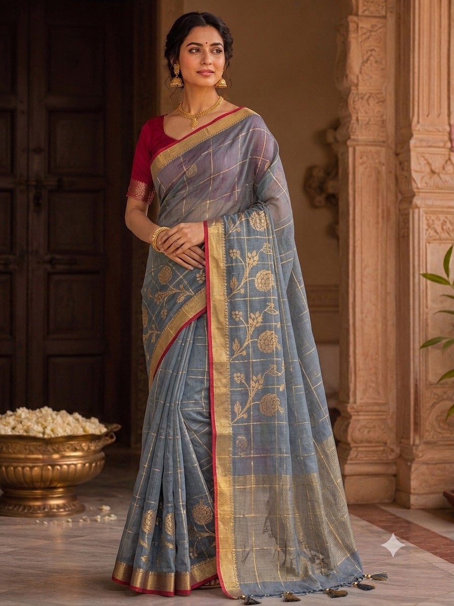Grey Bloom Jari Saree