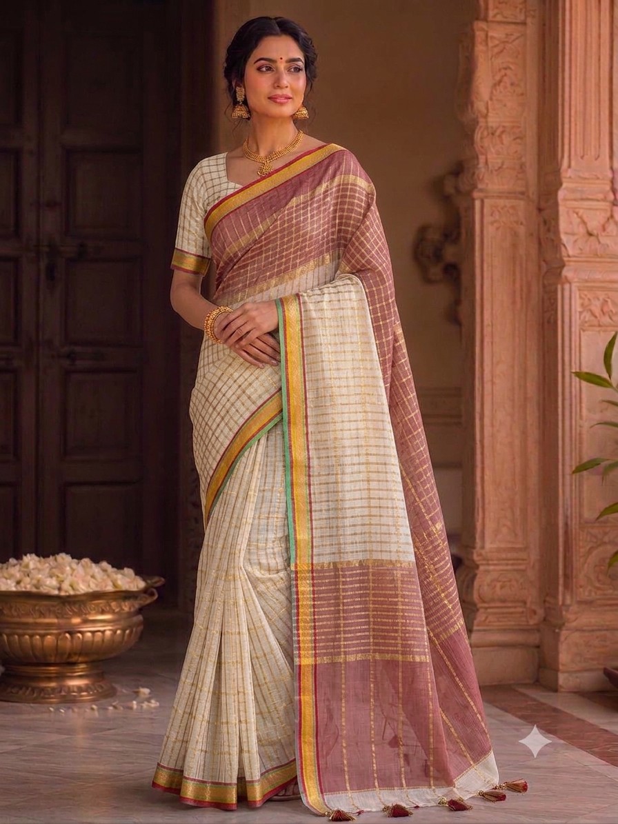 Ivory Jari Checks Saree