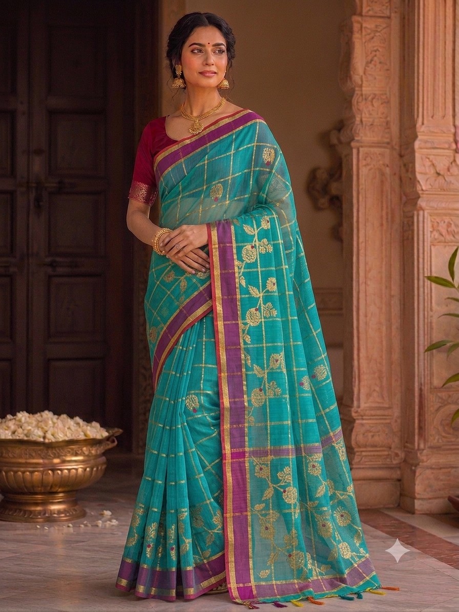 Teal Jari Checks Saree
