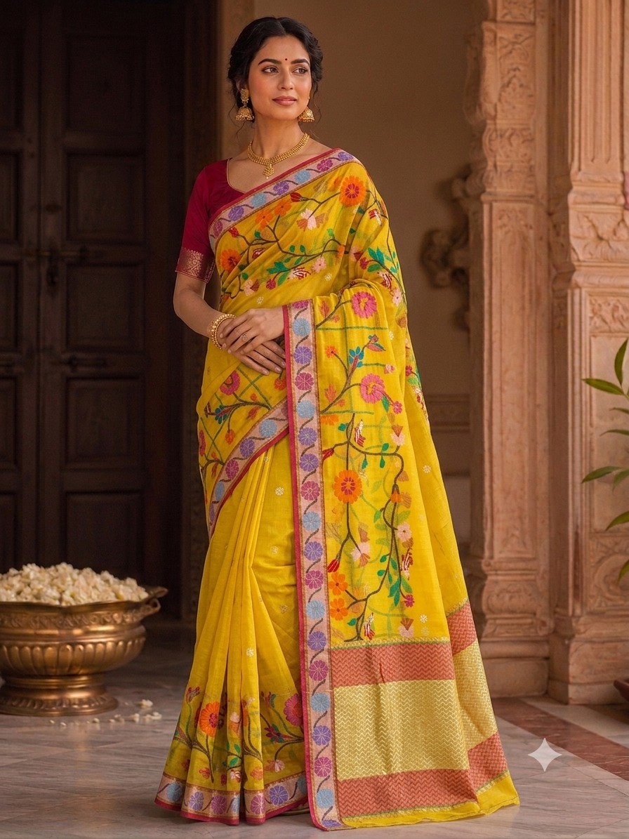 Yellow Floral Jari Saree