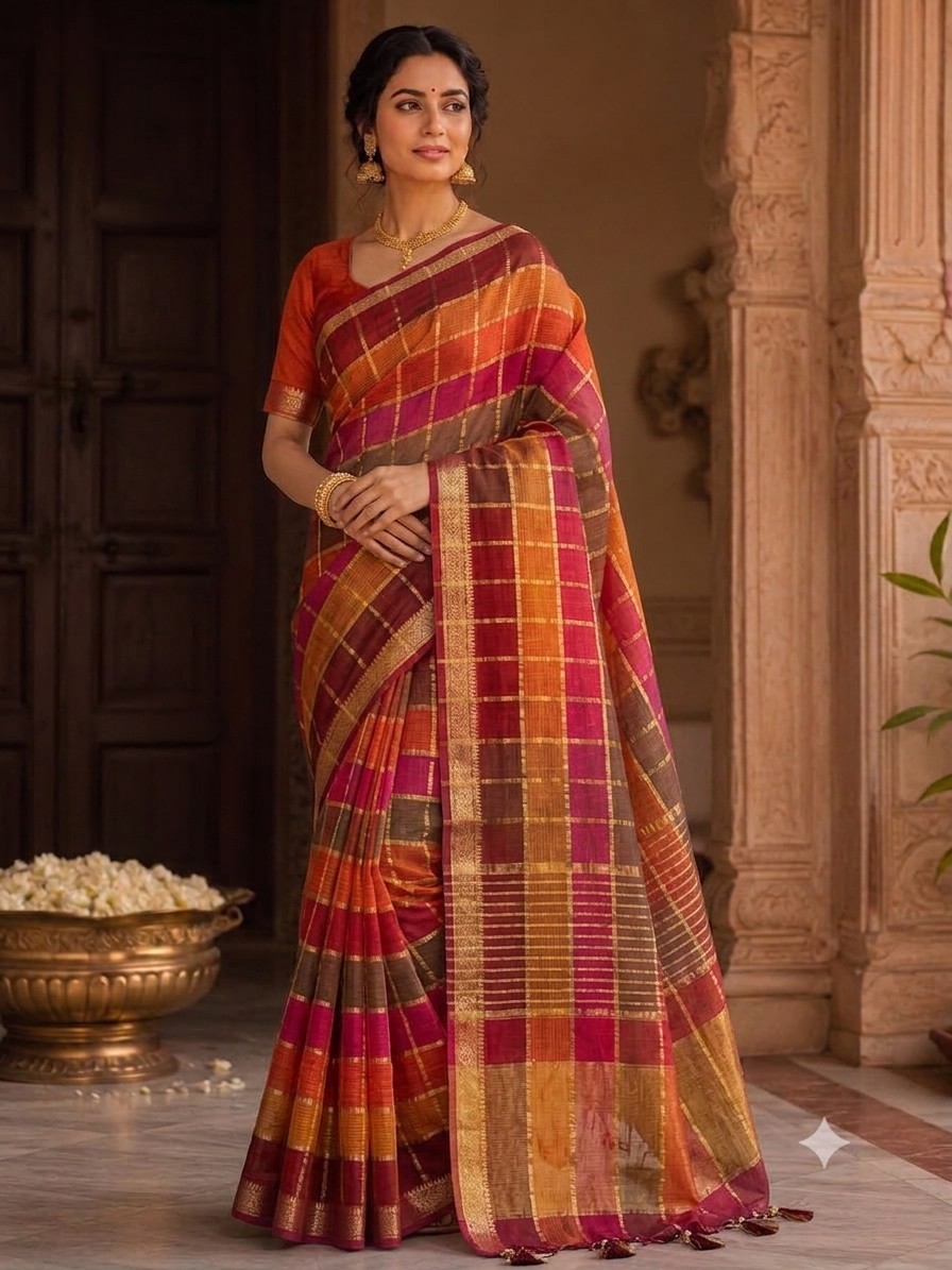 Maroon Orange Jari Checks Saree