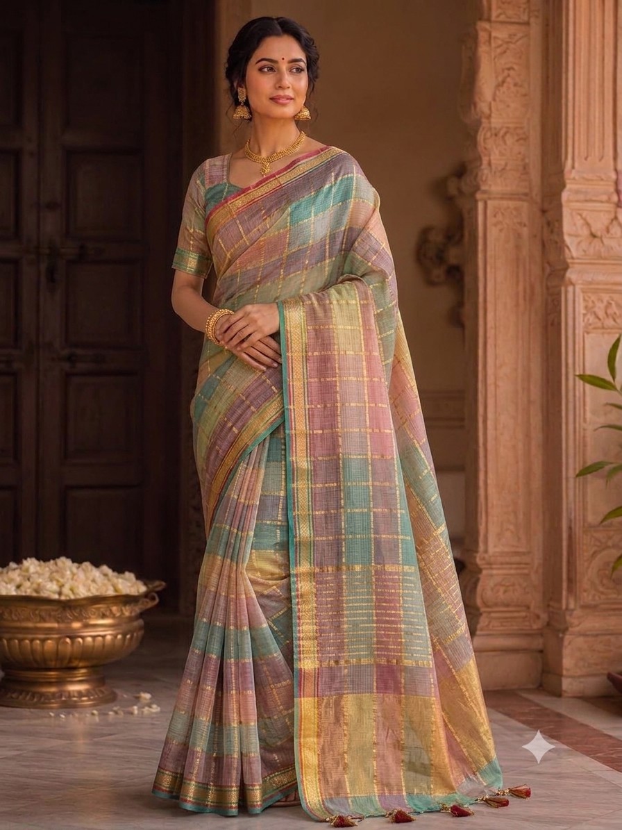 Pastel Multicolour Jari Checks Saree
