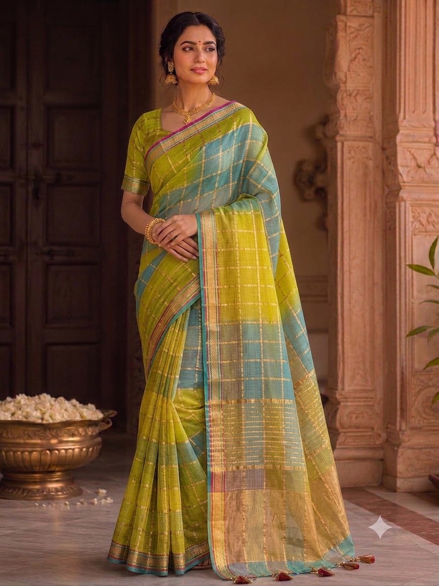 Parrot Green Blue Jari Checks Saree