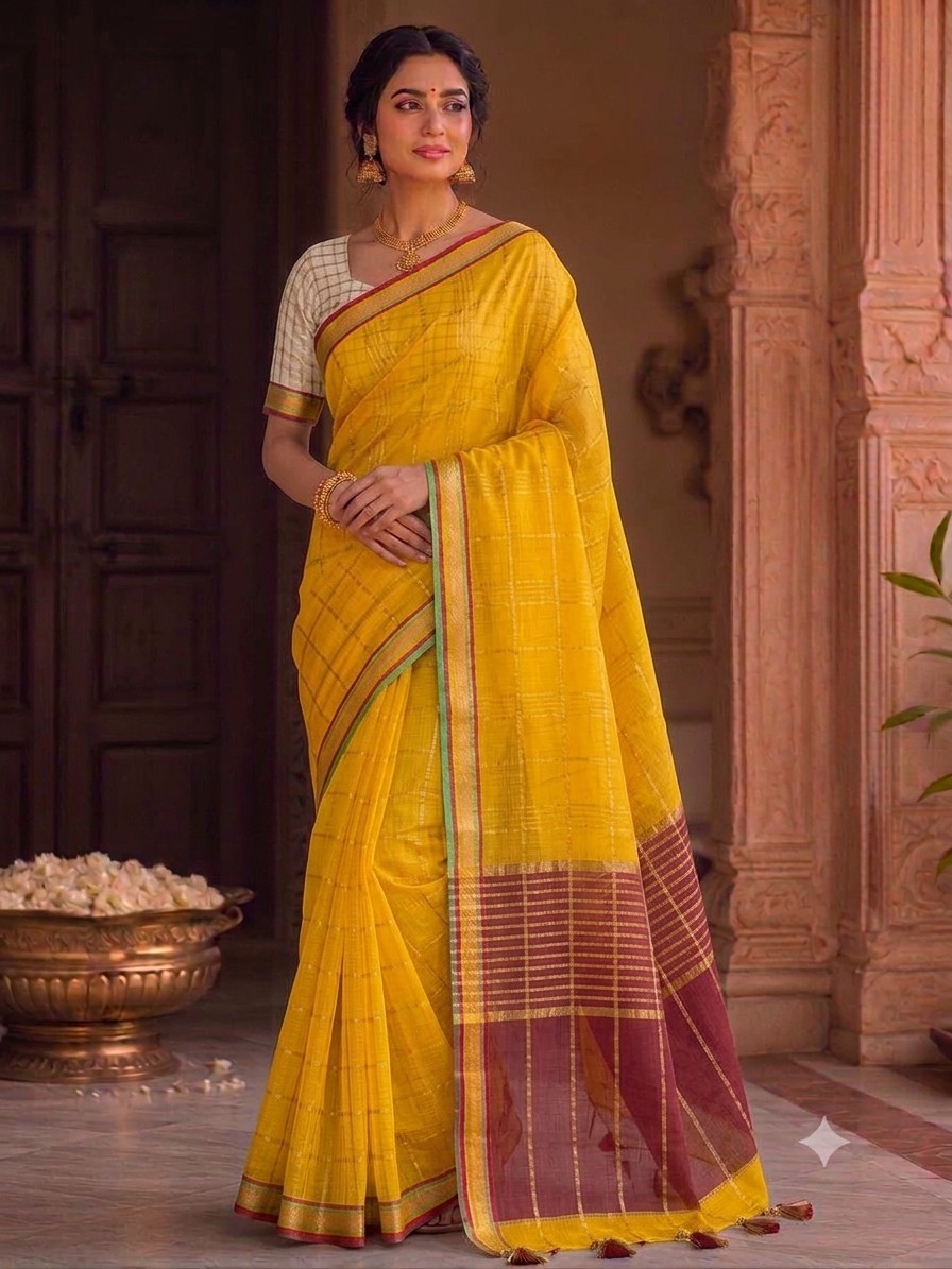 Bright Yellow Jari Checks Saree