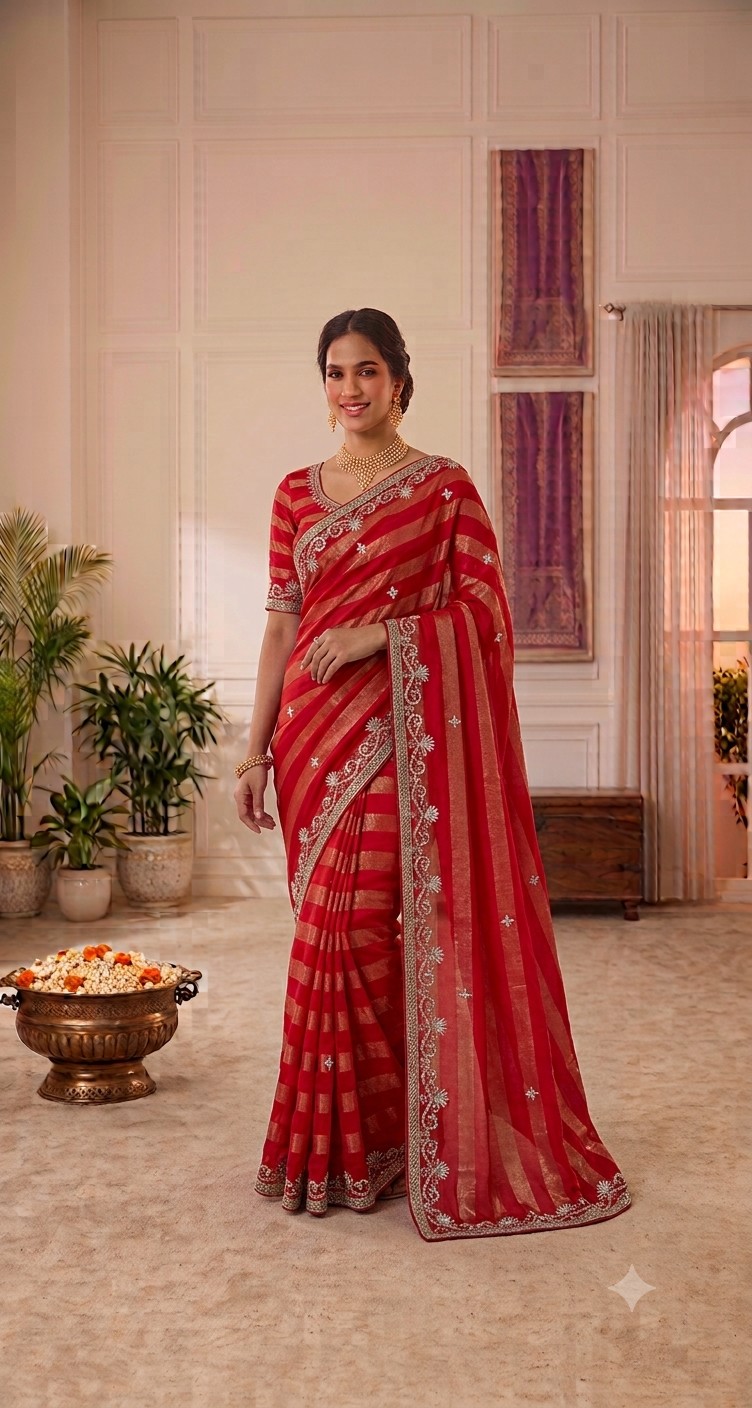 Crimson Stripe Gota Patti Saree