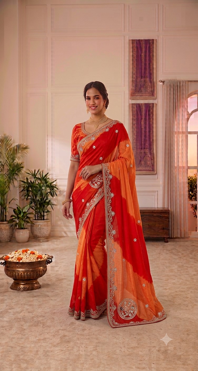 Red Orange Gota Patti Saree