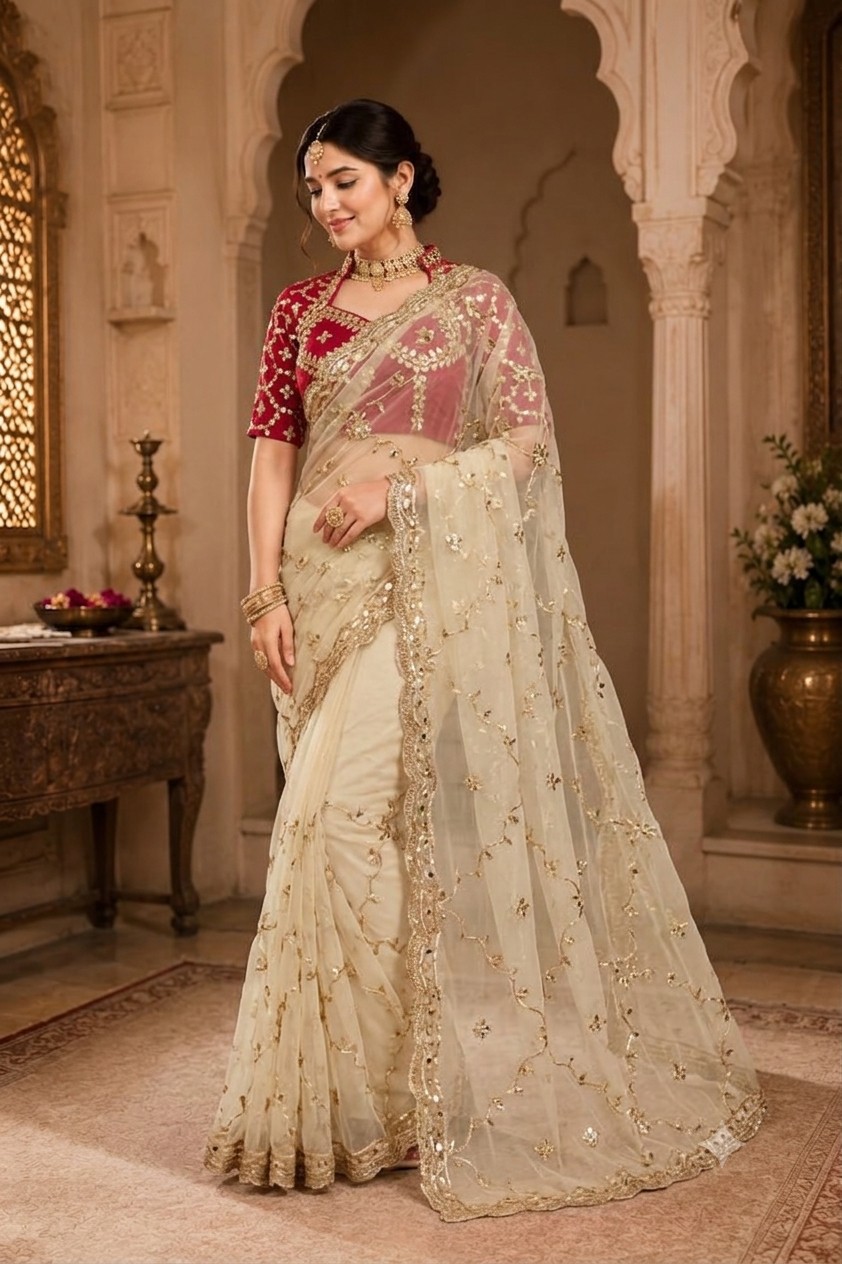 Ivory Net Sikhiya Saree
