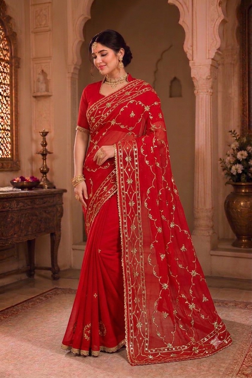 Red Sikhiya Saree