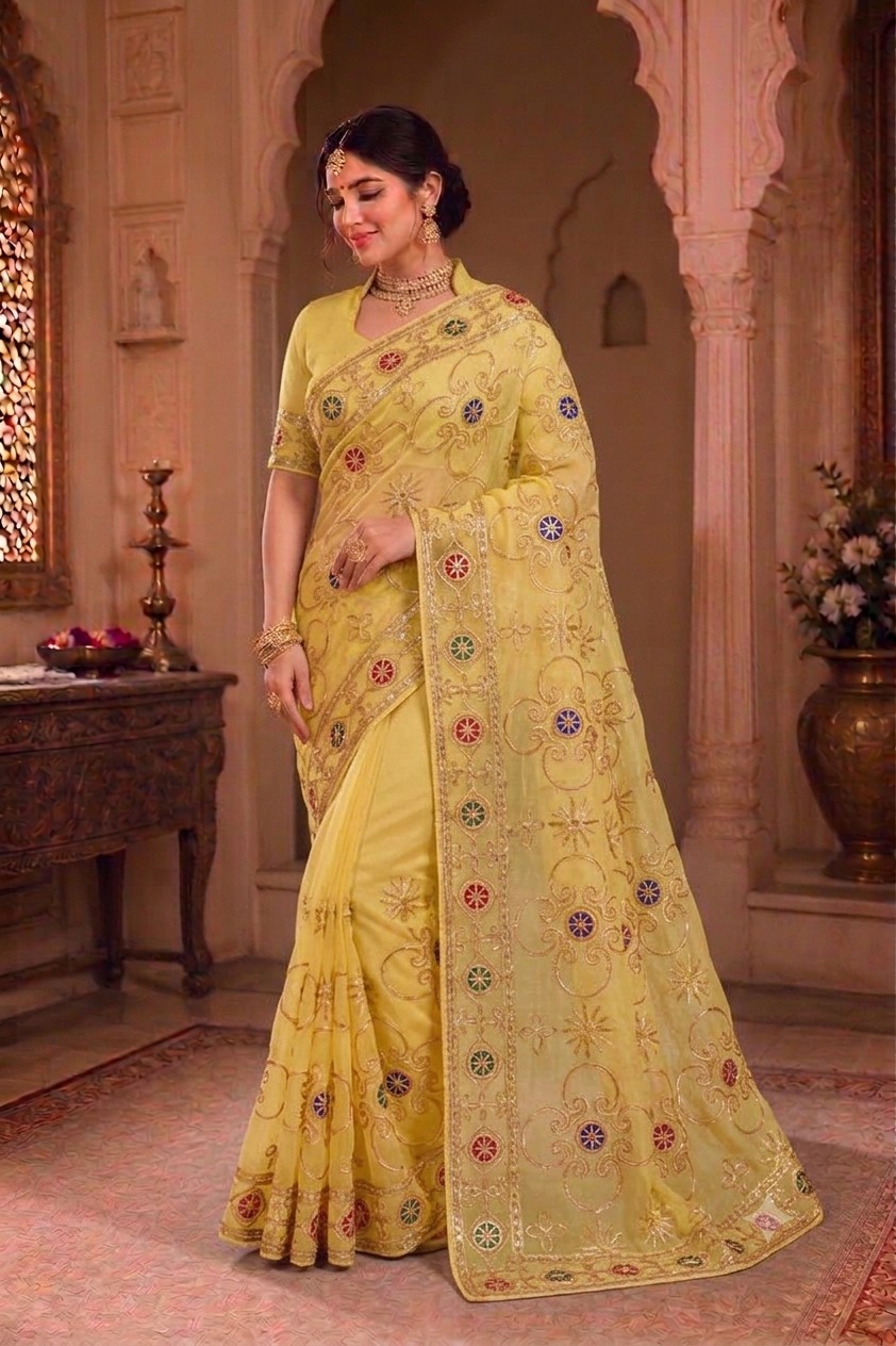 Lemon Yellow Sikhiya Saree