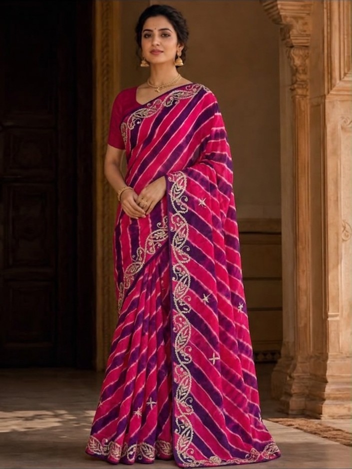 Magenta Paisley Lehariya Saree