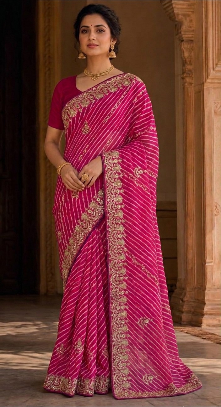 Pink Zari Lehariya Saree
