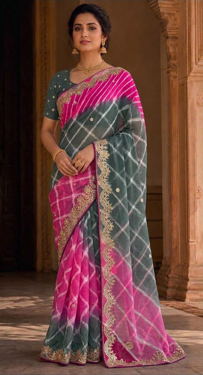 Pink Green Lehariya Saree