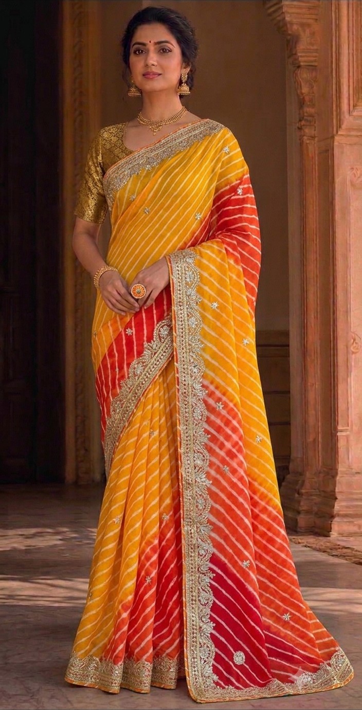 Haldi Red Lehariya Saree