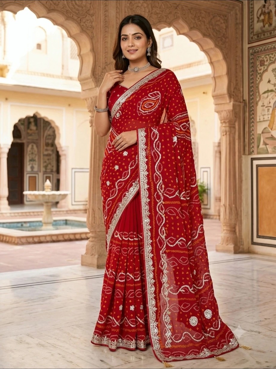 Courtyard Red Bandhej Saree