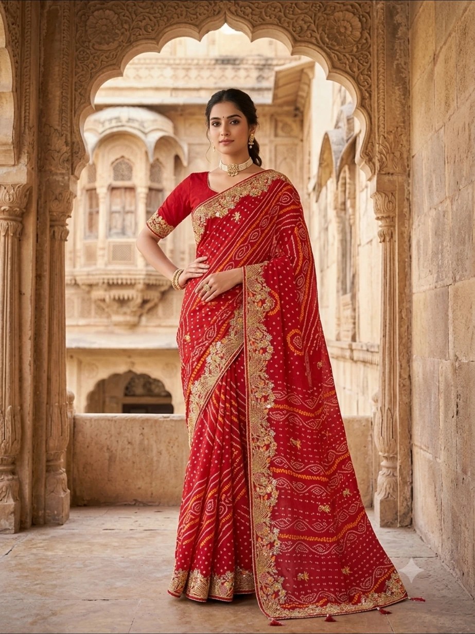 Zari Border Bandhej Saree