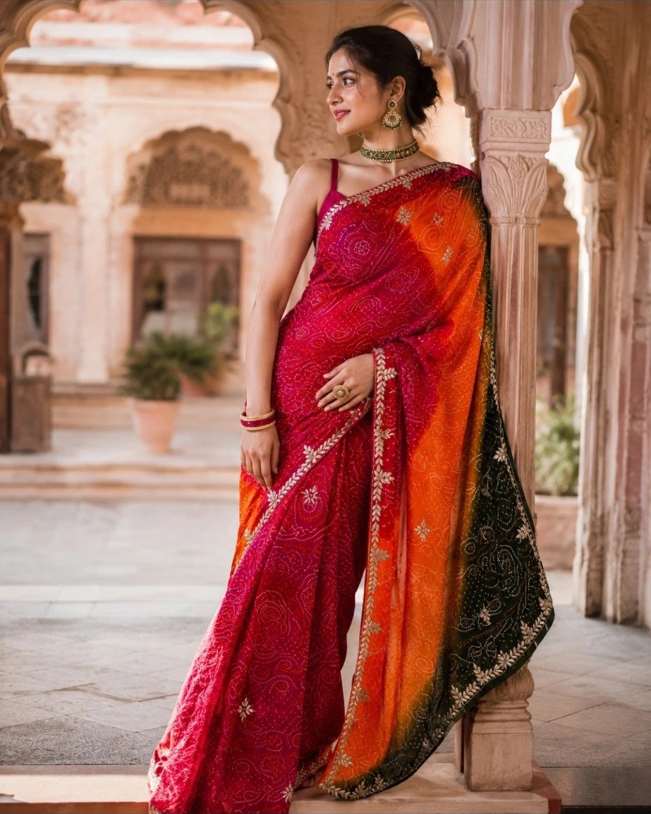 Triranga Bandhej Saree
