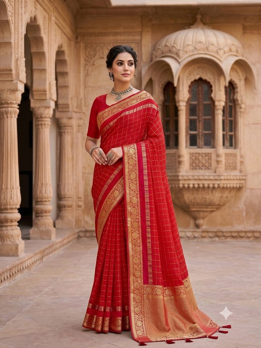 Red Checks Binni Saree