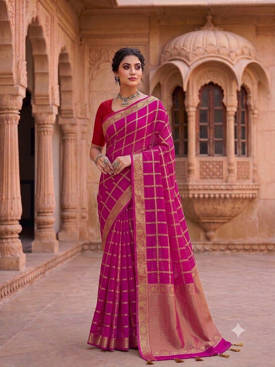 Magenta Checks Binni Saree