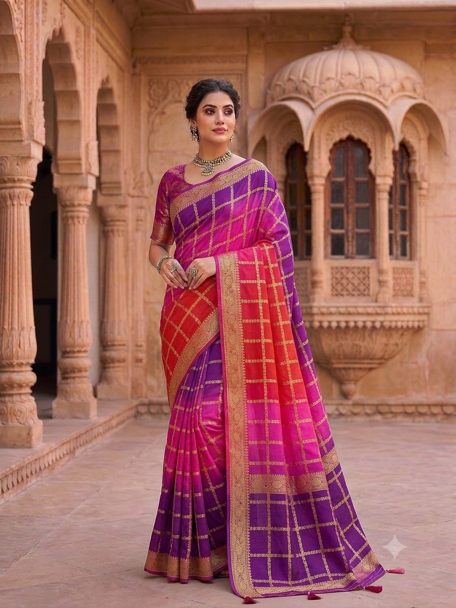 Rani Purple Checks Binni Saree