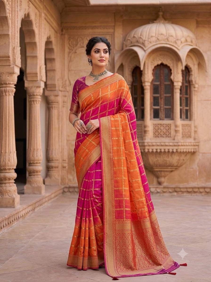 Orange Rani Checks Binni Saree