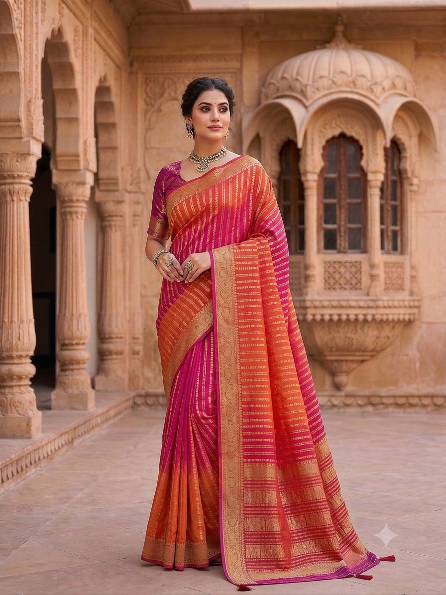 Pink Orange Stripe Binni Saree