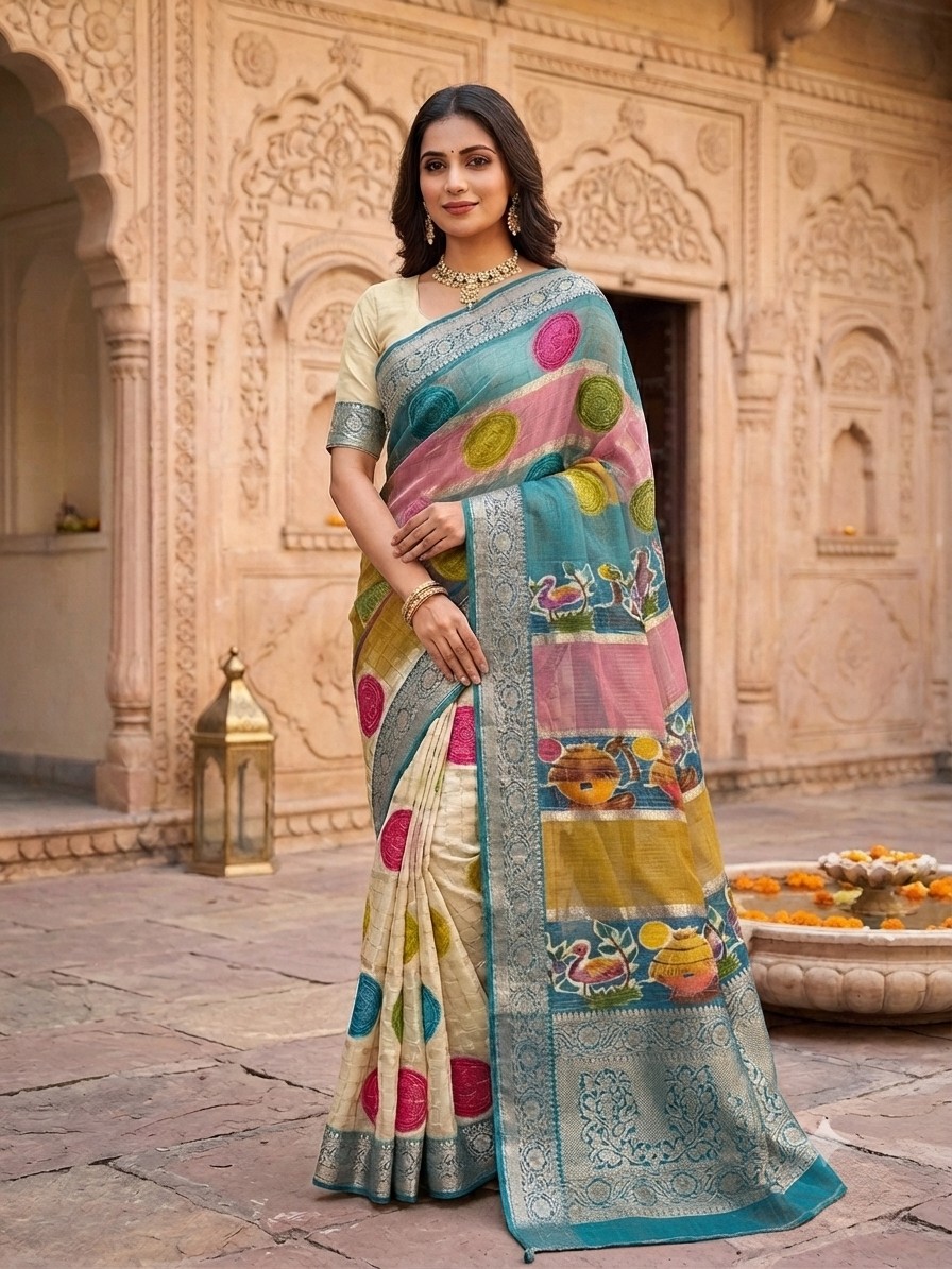 Swan Print Diamond Chiffon Saree