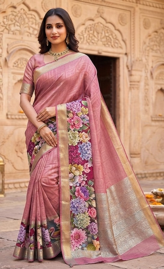 Pink Floral Diamond Chiffon Saree