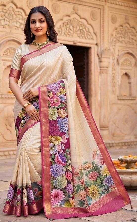 Ivory Floral Diamond Chiffon Saree
